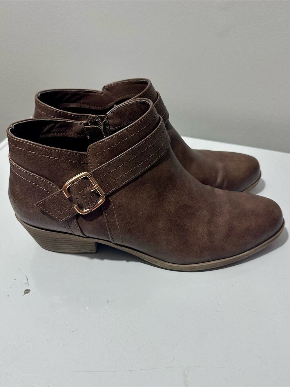 Athletech Brown Suede-Look Ankle Booties with Buckle Size 10